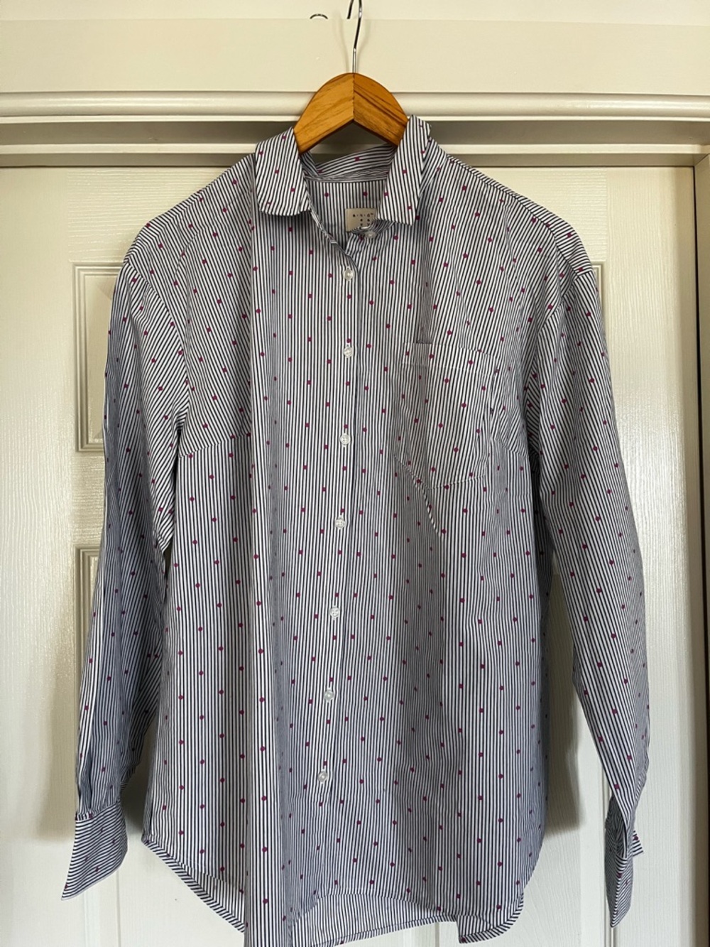 a new day White and Blue Striped Button-Down Shirt with Pink Dot Print